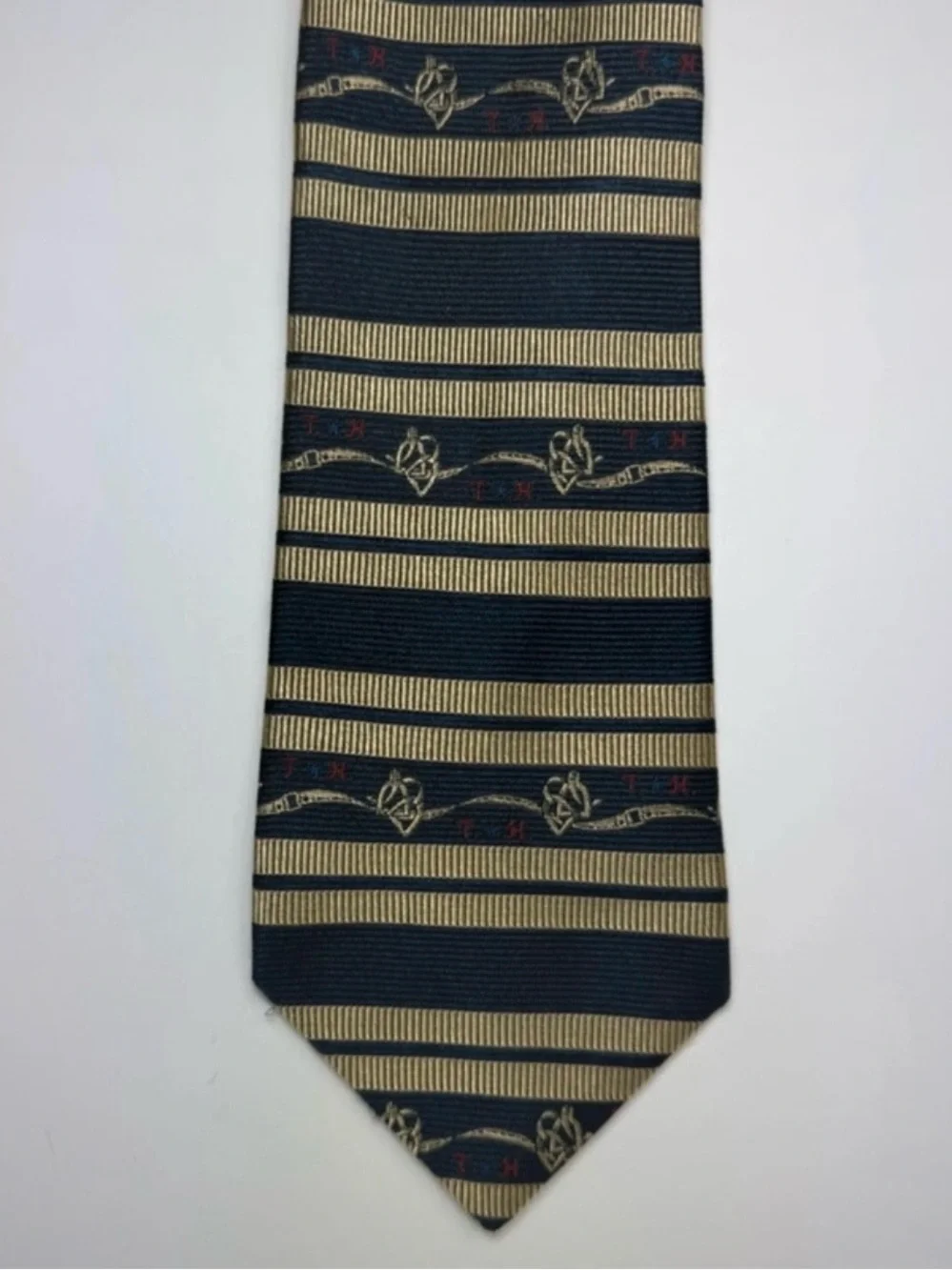 Vintage Tommy Hilfiger 100% Silk Necktie Navy Gold Stripe Crest Logo Classic Tie
